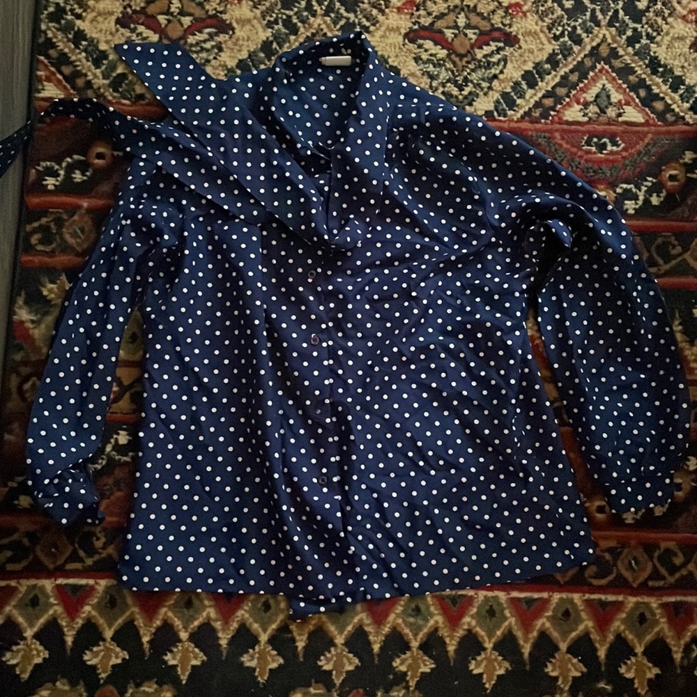 Vintage Sears Navy and white polka dot button down with neck tie